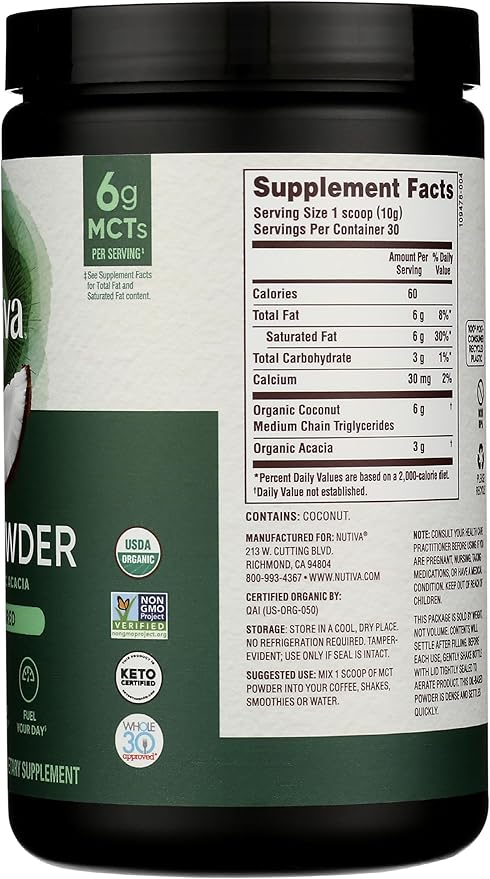 Nutiva Organic MCT Powder with Prebiotic Acacia Fiber, Classic, 10.6 Oz, USDA Organic, Non-GMO, Non-BPA, Vegan, Gluten-Free, Keto & Paleo, Instant Beverage or Boost to Coffee & Smoothies