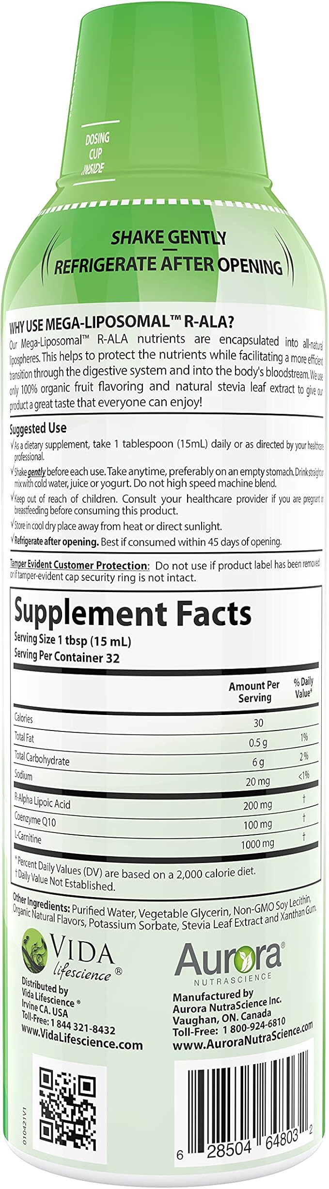 Aurora Nutrascience Mega-Liposomal R-ALA Cellular Support Complex, 200mg R-Alpha Lipoic Acid, Gluten Free, Non-GMO, Sugar Free, Organic, Fruit Flavor, 32 Servings, 16 fl oz