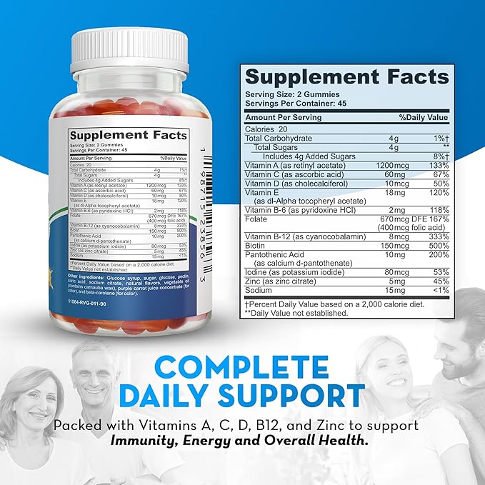 Adult Multivitamin Gummies – 90 Count | Orange, Cherry & Strawberry Flavors | Gluten Free, Vegetarian | Vitamins A, C, D, B12, Zinc | 45–90 Day Supply