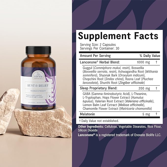 Rest & Relief Joint Support Supplement for Women & Men with Ashwagandha, GABA, L-Theanine & Melatonin – Supports Joint Comfort & Restful Sleep – 60 Capsules