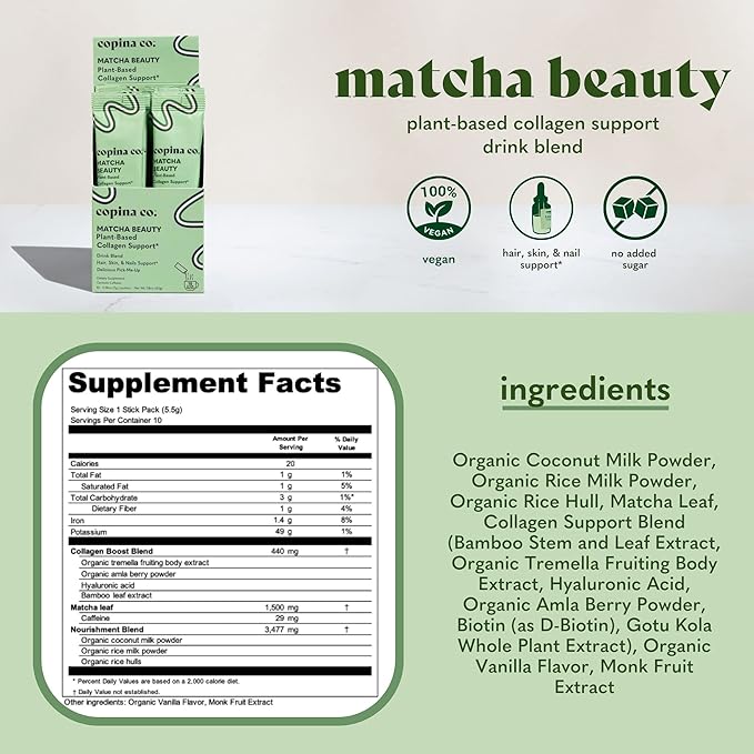 Vegan Collagen Booster Mix: Plant Based Collagen Support Smoothie Drink Vegan Blend Variety Pack | Matcha, Vanilla, & Cacao Calm | 3 Cartons, 10 Individual Stick Packs per Carton