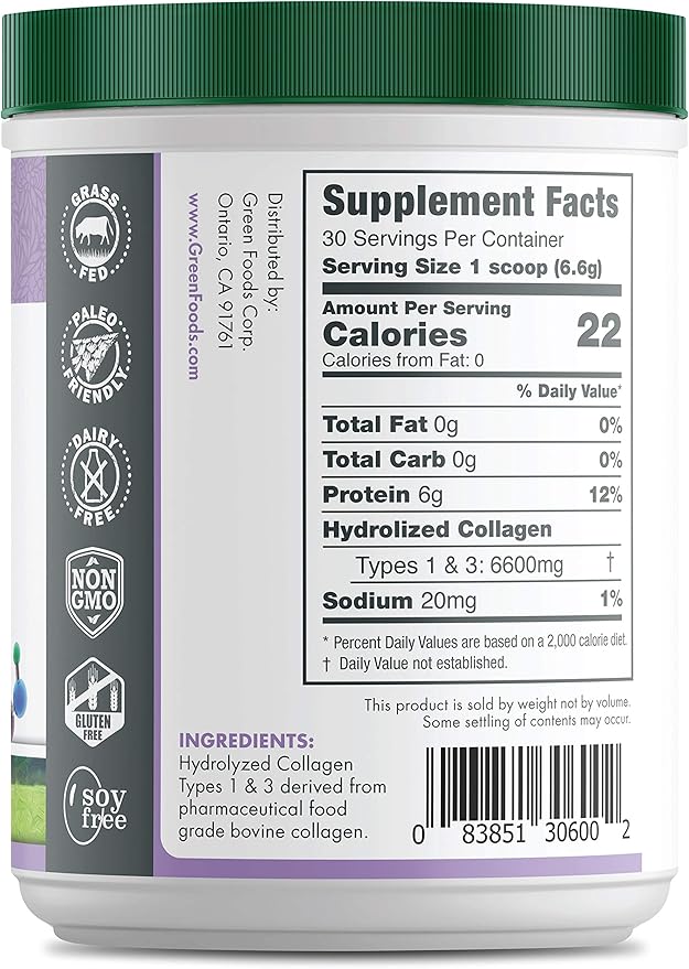 Green Foods Grass Fed Pasture Raised Hydrolyzed Collagen Peptides Protein Powder 7oz - 30 servings