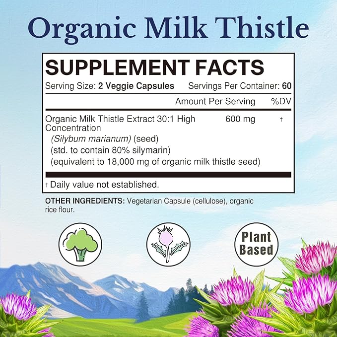 Vitalitown Organic Milk Thistle Antioxidant Support, Detox & Cleansing, 120 Vegan Caps