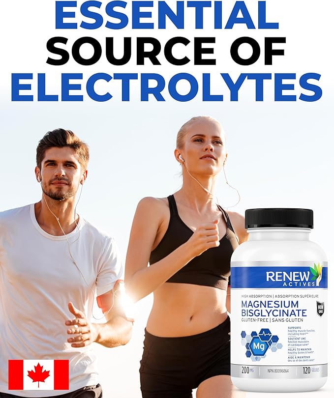 RENEW ACTIVES Magnesium Glycinate 400MG per 2 Capsules Pure Magnesium Bisglycinate for Full Body Relaxation, Sleep, Muscles, Bones & Energy - Electrolyte Balance - Made in Canada -120 Capsules