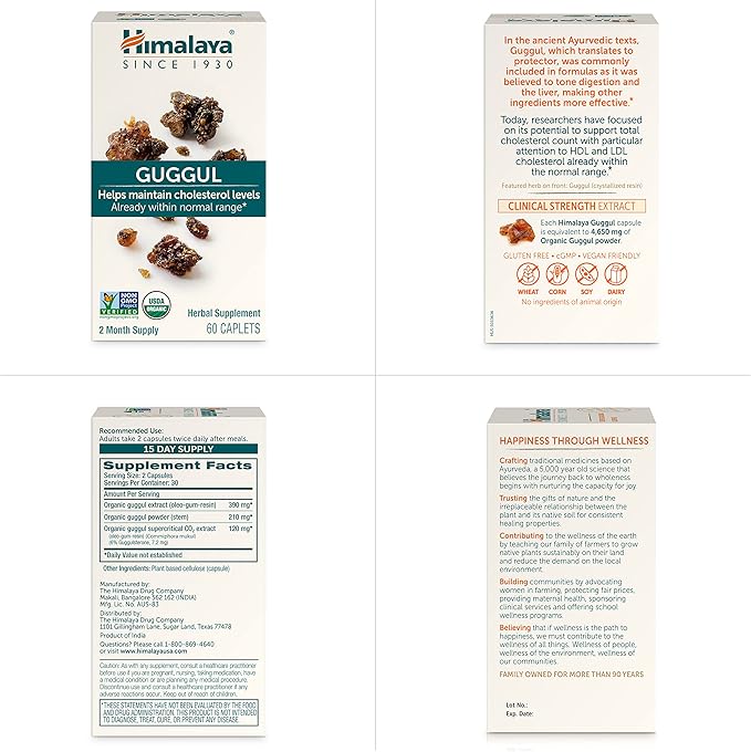 Himalaya Guggul, Cholesterol Supplement for Healthy LDL, HDL, and Triglyceride Levels, 750 mg, 60 Vegetarian Capsules, 1 Month Supply, 2 Pack