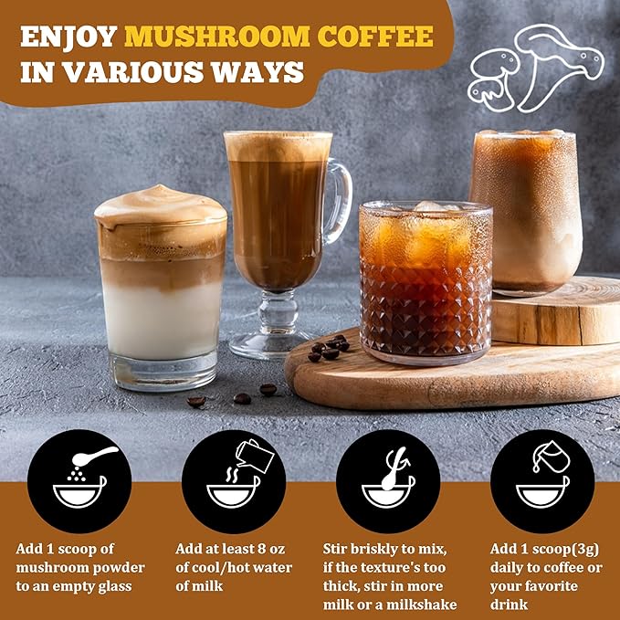 Mushroom Coffee, Instant Mushroom Coffee Mushroom Powder Blend (20 Servings) with Cordyceps, Reishi, Lion's Mane, Shiitake, King Trumpet, Mushroom Supplement for Energy, Focus, Immune Support