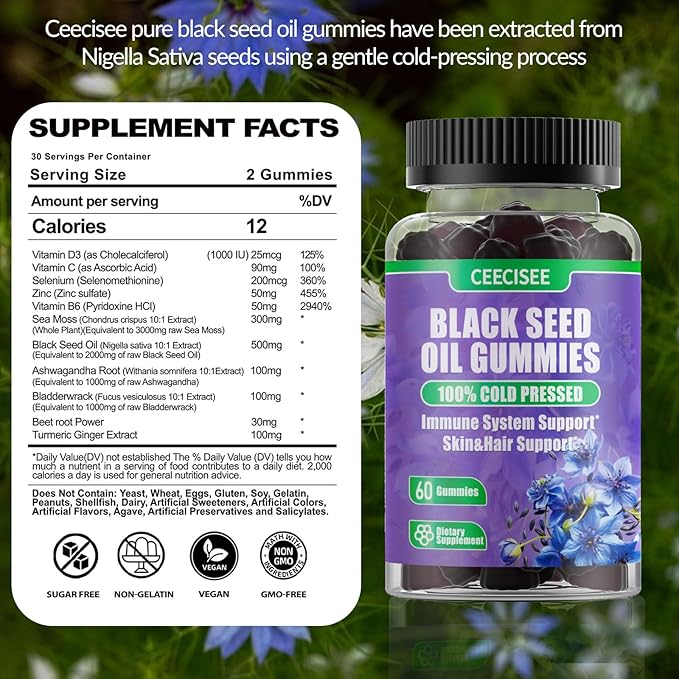 100% Cold Pressed Black Seed Oil with Zinc,Vitamin B6,C,D3,Sea Moss,Ashwagandha Root,Bladderwrack,Beet Root Power,Turmeric Ginger Extract, Support Immunity, Digestion, Hair & Skin (60 Count)