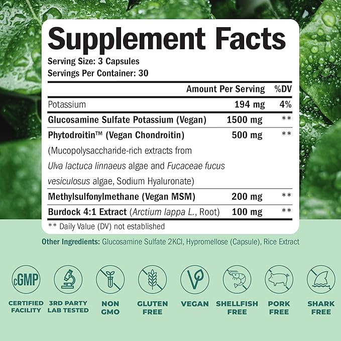 Vegan Glucosamine Chondroitin MSM - 100% Vegan Joint Support Supplement for Women & Men with Burdock and Glucosamine Sulfate 1500 mg. Used for Cartilage and Joint Health and Flexibility - 90 Capsules