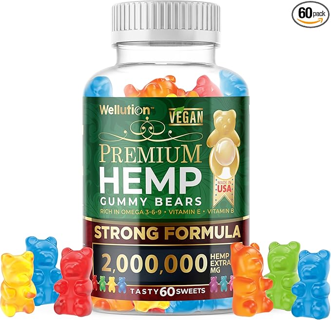WELLUTION Hemp Gummies XXL 2,000,000 MCG - Vegan Gummy Bears with Natural Hemp Oil, Omega 3-6-9, Vitamins A & D - 60ct