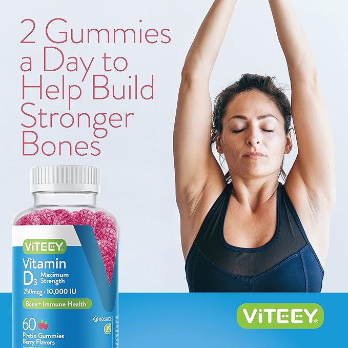 Vitamin D3 Gummies for Adults & Teens - 10,000 IU, 250mcg, Maximum Strength - Joint & Muscle Health, Immune Boost - Chewable Vitamin D Gummies - Vegetarian, Gelatin Free - Tasty Berry Flavored Gummy