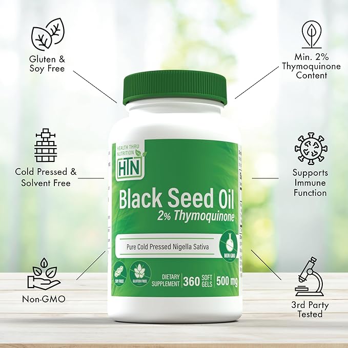Health Thru Nutrition Black Seed Oil 500mg 360 Softgels | High Potency 2% Thymoquinone | 3rd Party Tested | Pure Cold Pressed | Organically Gown | Non-GMO, Gluten Free, Soy Free