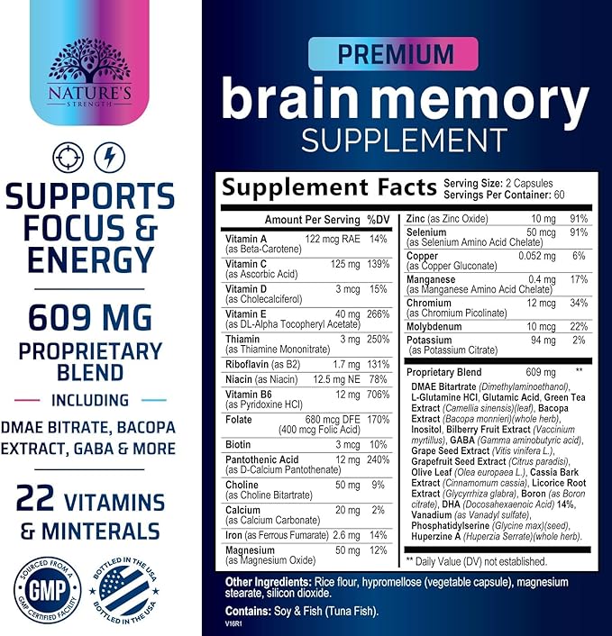 Brain Supplements for Memory and Focus - Advanced Cognitive Formula to Support Concentration, Energy, Clarity - Brain Health Memory Vitamins with Bacopa, Phosphatidylserine, DMAE & More - 120 Capsules