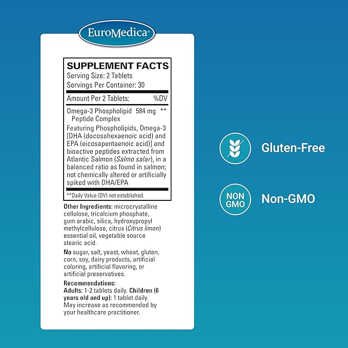 Euromedica EurOmega-3 - Dietary Supplement with EPA & DHA - Omega-3 Tablets for Brain & Heart Health Support - Nutritional Supplement with Essential Fatty Acids & Peptides - 60 Tablets
