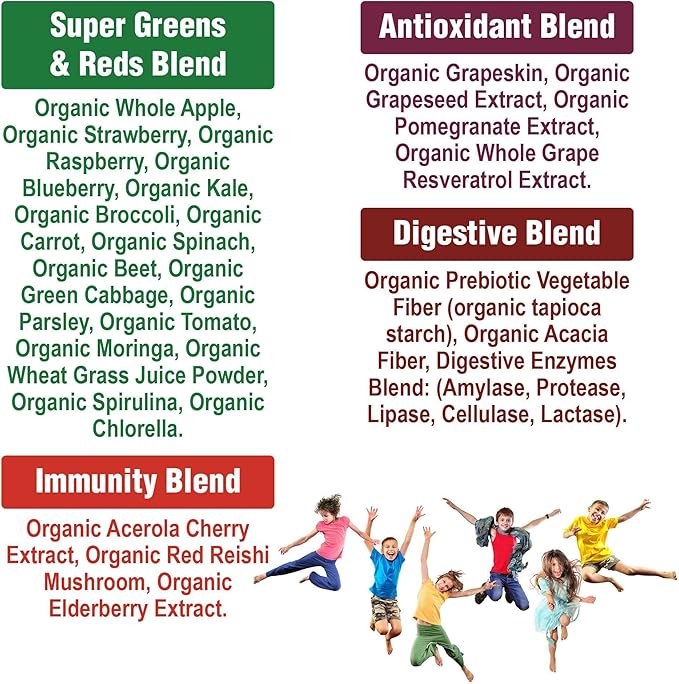Kids Greens and Reds Superfood Powder. Best Tasting Organic Vegan Super Food Juice with 25+ Real Fruits and Vegetables. Gluten Free Real Food Vitamins. Green and Red Superfoods Supplement for Children