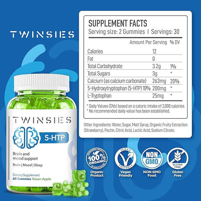5-HTP Supplement 200mg Calm Gummies for Sleep Mood & Brain Health Support – L-Tryptophan 60 Green Apple Sleep Gummies for Adults – Gluten-Free & Non-GMO