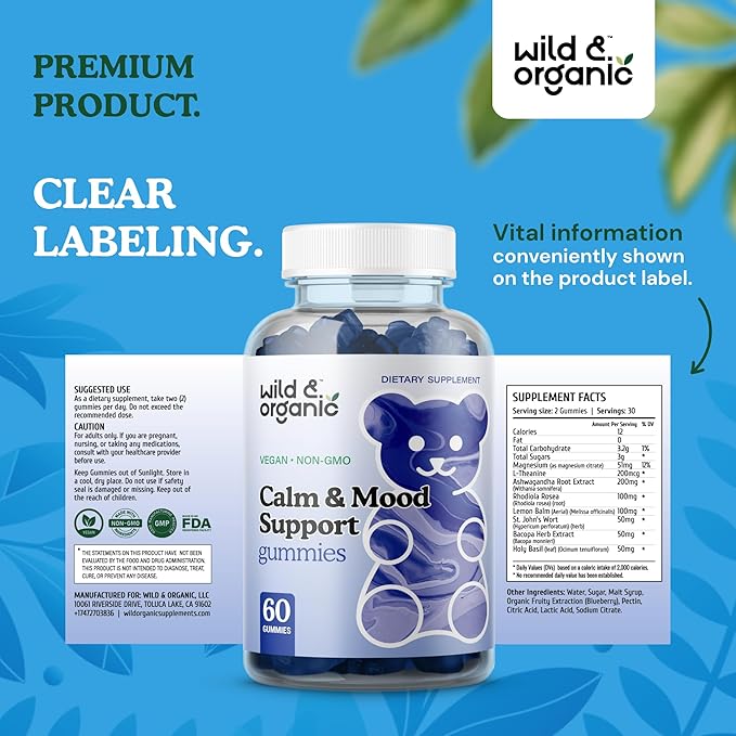 Wild & Organic Calm & Mood Gummies - Mood Support Supplement - Calming Chews w/Ashwagandha Root, Rhodiola Rosea, Lemon Balm - Ashwagandha Supplements Gummies - 60 Count