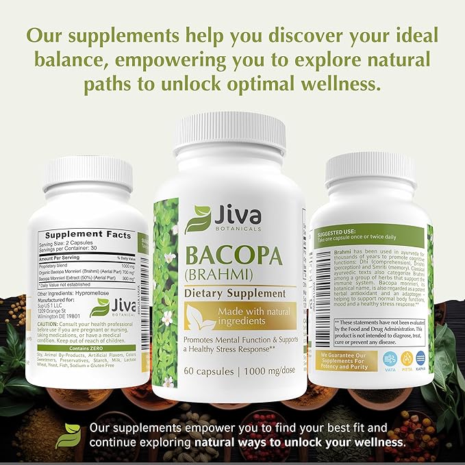 Jiva Botanicals Bacopa Monnieri Supplement 1000mg per Serving - Bacopa Monnieri (Brahmi) & Extract for Normal Brain, Focus, & Memory Support - Ayurvedic Herbs, Made in The USA - 60 Capsules