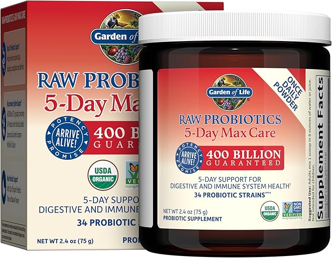 Garden of Life Organic Probiotic Powder for Women and Men - Raw Probiotics 5-Day Max Care 400 Billion CFU - 5-Day Support for Digestive and Immune Health - 2.4 oz Powder