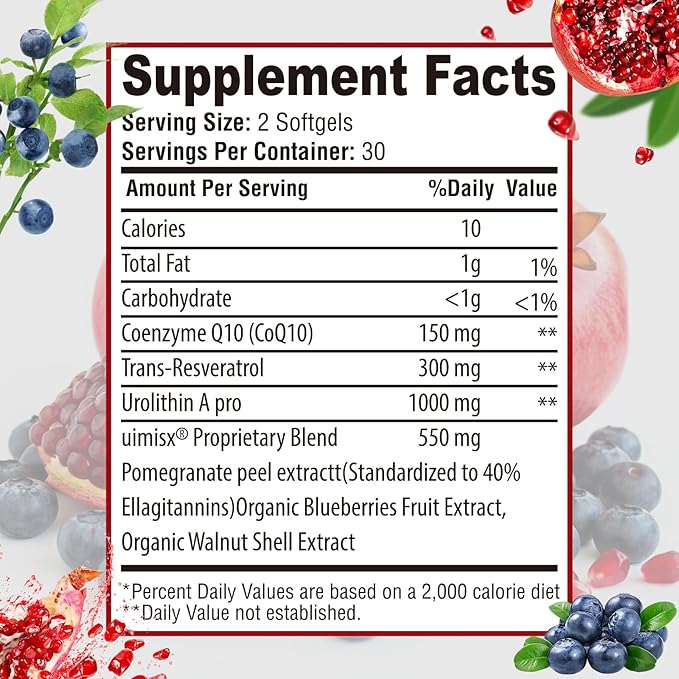 Urolithin A Pro Supplement 1000mg, 60 Softgels Super Antioxidants with Resveratrol & CoQ10 for Energy Production and Healthy Aging- Mitoceutical for Muscle Strength and Skin Care