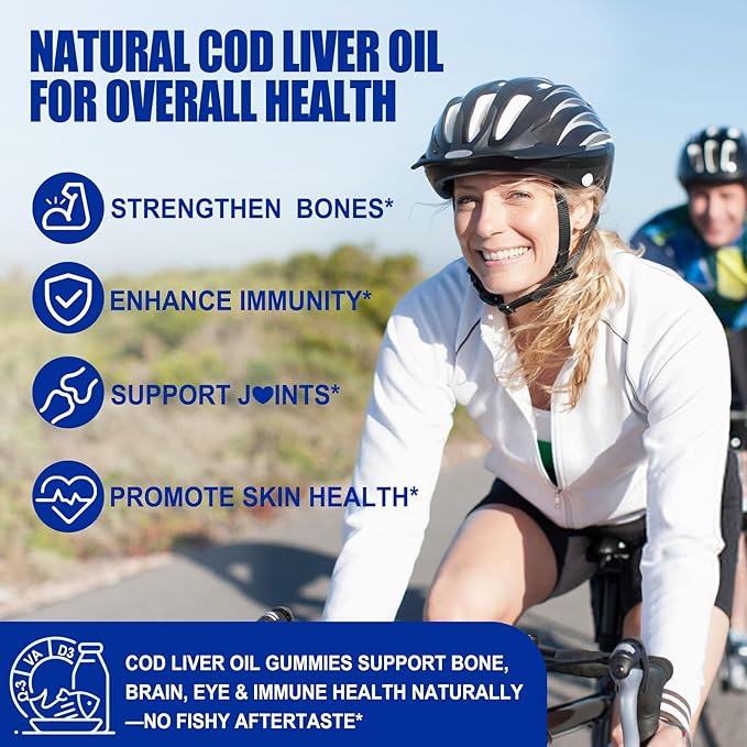 Cod Liver Oil 1000mg Gummies for Adults & Kids, with Vitamin A & D3 - Omega 3 Fish Oil Alternative - DHA 360mg & EPA 240mg for Brain, Bone, Eye & Immune Health, Sugar Free, 120 Cts