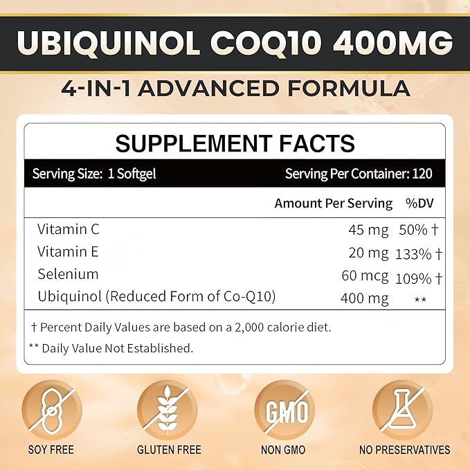 ZEBORA Ubiquinol CoQ10 400mg Softgels with Vitamin C & Vitamin E & Selenium, Max-Absorption, 4-in-1 Powerful Antioxidant, Supports Heart Health & Energy-Production,120 Softgels