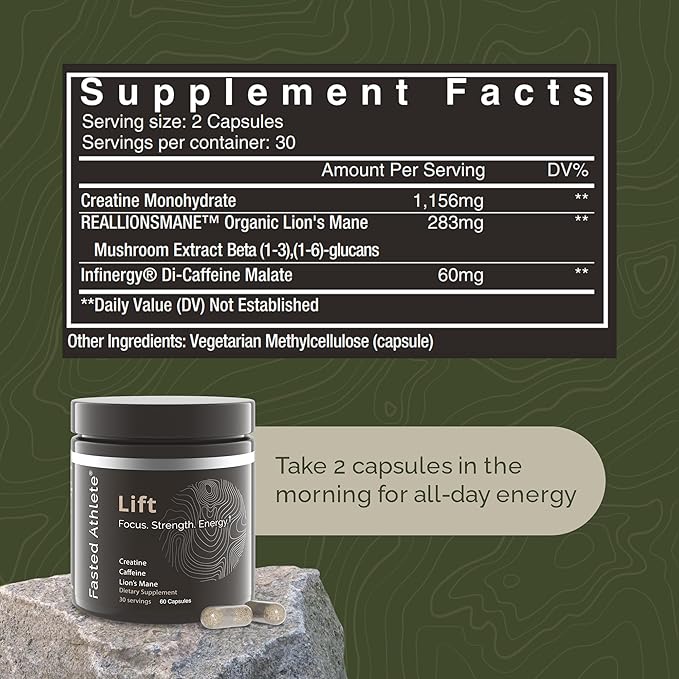 Lift – Lions Mane Mushroom Supplement, Boost Memory & Focus, Eliminate Brain Fog, Plus Creatine for Energy, Nootropics Brain Support, 60 Capsules
