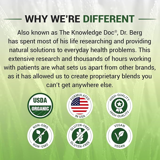 Dr. Berg USDA Certified Organic Green Powder Superfood (60 Servings) - Made with Raw Wheatgrass, Chlorophyll, Trace Minerals & Natural Enzymes - Non-GMO Green Superfood Powder - Lemon Flavor