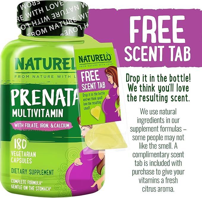 NATURELO Prenatal Multivitamin with Gentle Chelated Iron, Methyl Folate, Plant Calcium & Choline - Vegan, Vegetarian - Non-GMO - Gluten Free - 180 Capsules - 4 Month Supply (Pack of 2)