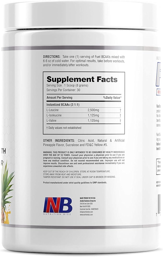 Fuel 2:1:1 BCAA Powder, 5 Grams of BCAAs Amino Acids, Post Workout Recovery Drink for Muscle Building, Recovery, and Endurance, 30 Servings (Pineapple)