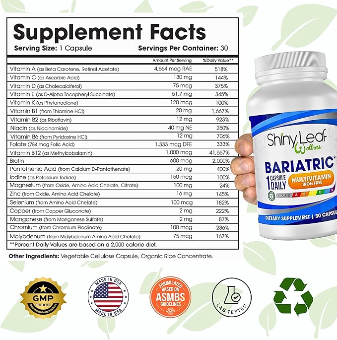 Shiny Leaf Bariatric Multivitamin Without Iron - Vitamins for Gastric Bypass & Sleeve, 1 Daily Capsule W Vitamin A, C, D, Biotin, Zinc, B12, K, Vegetarian, Soy-Free, GMP Cert., Made in USA (30 Ct.)