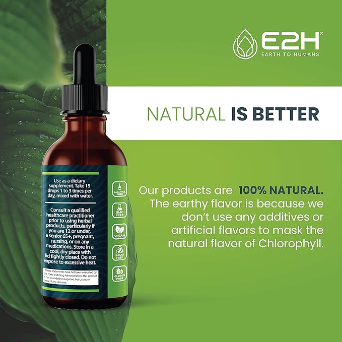 E2H Chlorophyll Liquid Drops - Natural Energy Booster, Immune System Support, Digestion and Skin Care Supplement - Vegan - Gluten Free - Non-GMO - (3 Bottles)