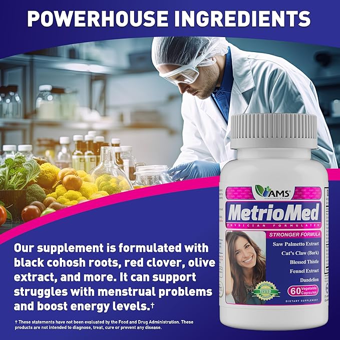 America Medic & Science MetrioMed 60 Capsules | Fertility Supplement for Women | Organic Pills with Black Cohosh, Chasteberry and Red Clover Herbs