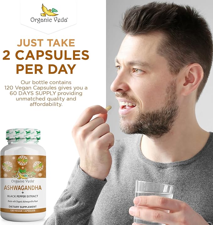Organic Veda Ashwagandha Supplements, 1500mg - Ashwagandha Capsules with Black Pepper Extract - Made from Pure 100% Organic Ashwagandha Root - Mood Support Supplement & Energy, 120 Veggie