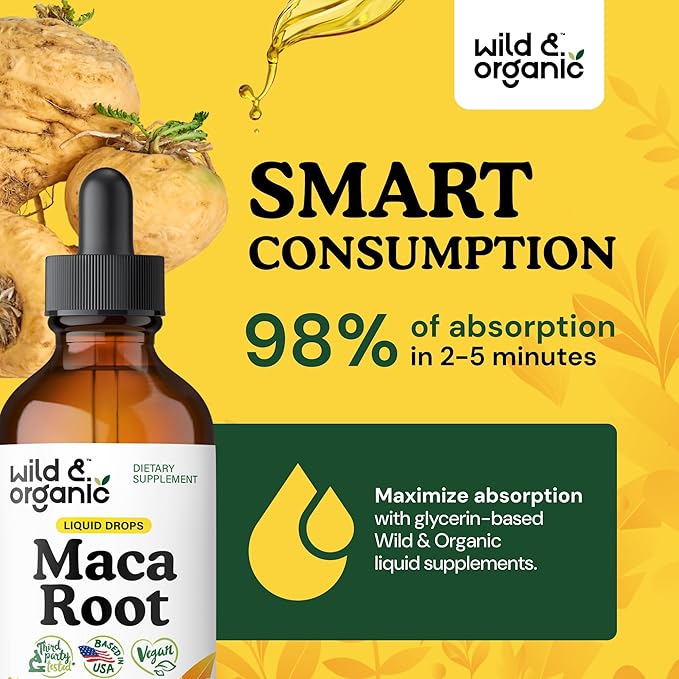 Wild & Organic Maca Root Liquid Drops for Men & Women - Peruvian Maca Tincture for Overall Support - Vegan, Sugar & Alcohol-Free Supplement - 4 fl oz