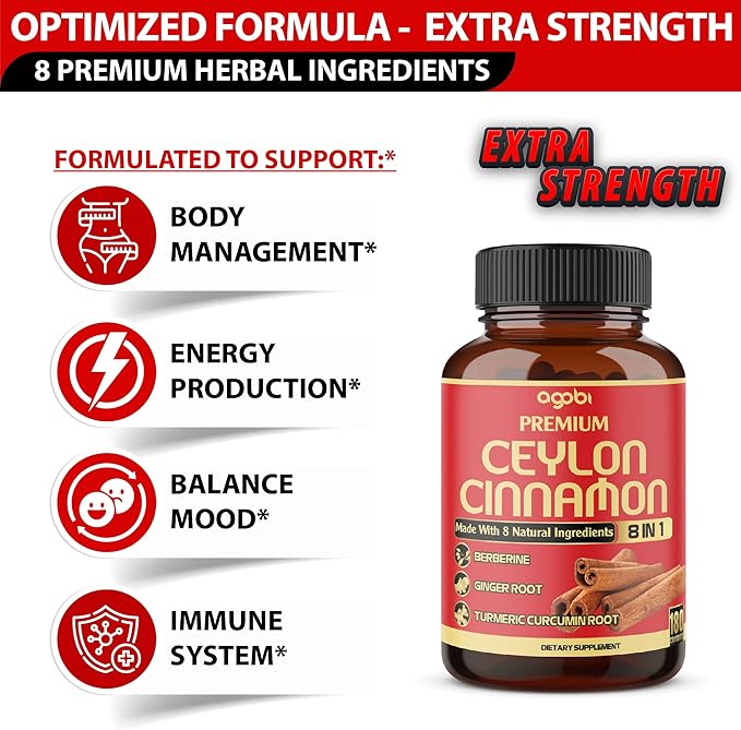 Premium Ceylon Cinnamon with Berberine Supplement - 8in1 Turmeric, Ginger, Gymnema & More - Body, Heart & Immune Support - 180 Capsules
