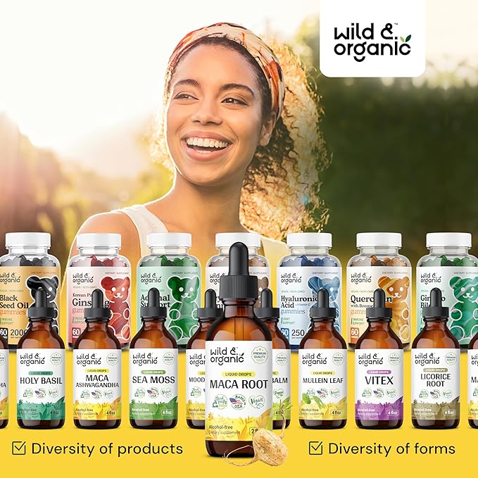 Wild & Organic Maca Root Drops for Women & Men - Mood, Focus, Active Lifestyle - Peruvian Maca Supplement - Vegan, Sugar & Alcohol-Free Tincture - 2 fl oz
