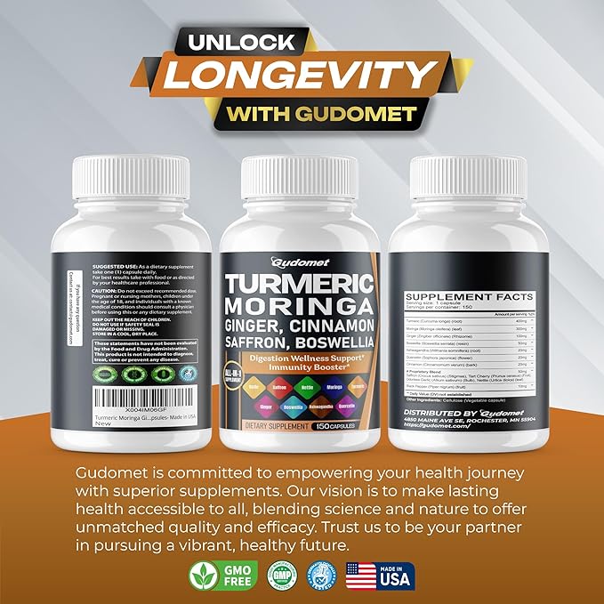 Turmeric Moringa Ginger Boswellia Quercetin Cinnamon Saffron Tart Cherry Odorless Garlic Nettle -150 Capsules- Made in USA