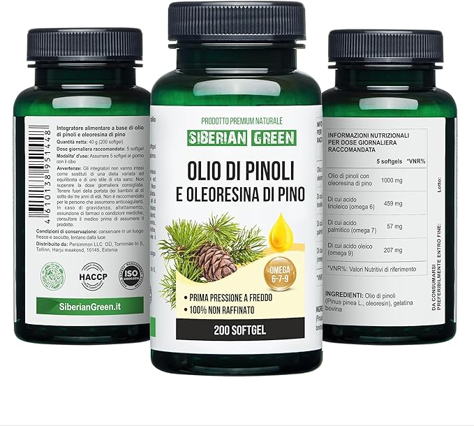 Pine Nut Oil w/Pine Resin Capsules 200 Softgels Wild Harvested Siberia Altai Cold Pressed Unrefined