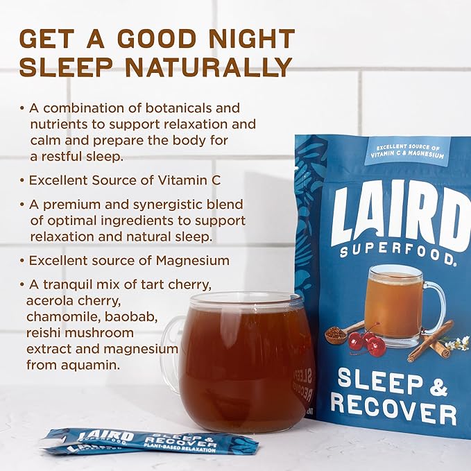 Laird Superfood Sleep & Recover, Bedtime Powdered Drink Mix Calming Supplement to Support Relaxation and Sleep with Tart Cherry and Chamomile, 0.3 Oz Packet, Pack of 10