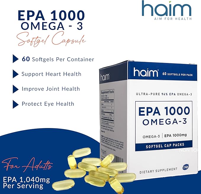 Haim EPA1000 – High-Potency EPA Fish Oil Supplement – 1,100mg Omega-3 for Heart, Brain & Joint Health – Pharmaceutical-Grade Softgels – Pure, Burpless Capsules – 60 Softgels – Made in USA