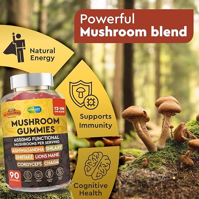 12in1 Mushroom Gummies 4550mg w Ashwagandha Shilajit Lion’s Mane Cordyceps Shiitake Chaga - Complex Mushrooms Supplement for Adults - Energy and Cognitive Focus – Sugar Free - 90 Count (45 servings)
