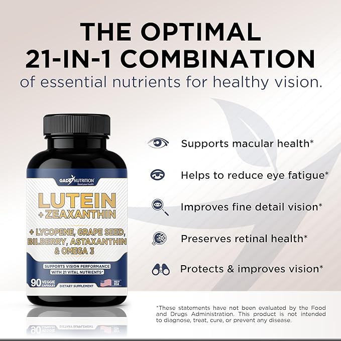 Gade Nutrition Lutein and Zeaxanthin Supplements | Astaxanthin, Omega 3, Resveratrol, Bilberry, Lycopene, Quercetin, Ginkgo Biloba, Vitamin D - Eye Health Vitamins, Eye Support, Health Vision Formula