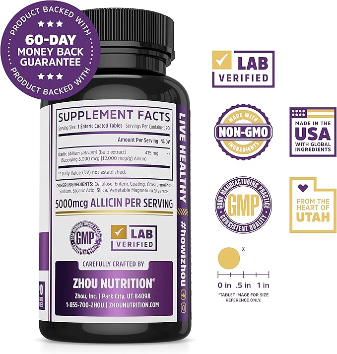 Zhou Garlic with Allicin - Garlic Supplements, Odorless Garlic Extract Pills for Men & Women, 5000 mcg Allicin Per Tablet for Immune & Heart Health - 90 Coated Tablets (Pack of 1)