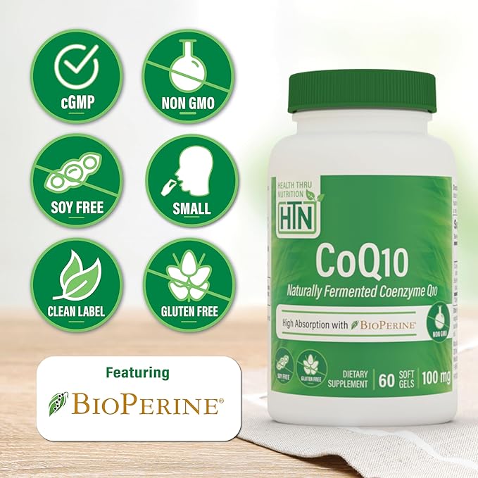 Health Thru Nutrition CoQ-10 100mg with BioPerine 60 Softgels | High Absorption Naturally Fermented USP Grade Coenzyme Q10 Supplement | 3rd Party Tested | Heart Health and Energy Support