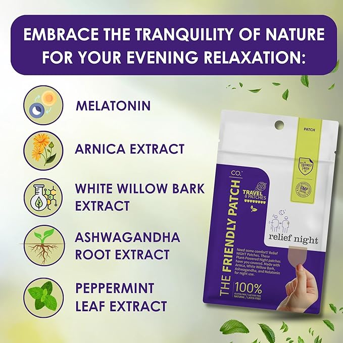 Relief Night Patch - 8 Pack Arnica, White Willow Bark, Melatonin, Ashwagandha for Soreness for sleep patches for Women and Men