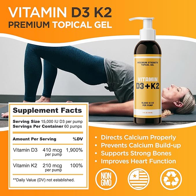 Vitamin D3 K2 Maximum Strength Topical Gel - 15000+ IU Per Pump - The Sunshine Vitamin - Supports Bone & Joint Health, Immune Support - One Month Supply