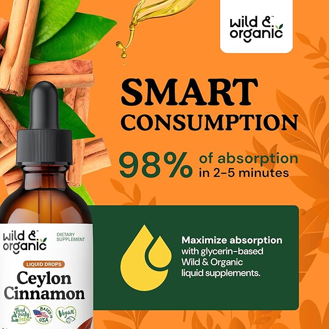 Wild & Organic Ceylon Cinnamon Extract Liquid Drops 500mg - Liquid Cinnamon Supplements for Overall Support - Cinnamomum Verum Bark Tincture - Vegan, Sugar & Alcohol-Free, Non-GMO - 2 fl oz