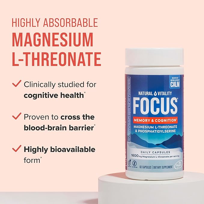 Natural Vitality Focus, Magnesium L-Threonate and Phosphatidylserine Nootropic Brain Supplements for Memory, Focus, and Cognition, Gluten Free, Vegetarian, 60 Capsules