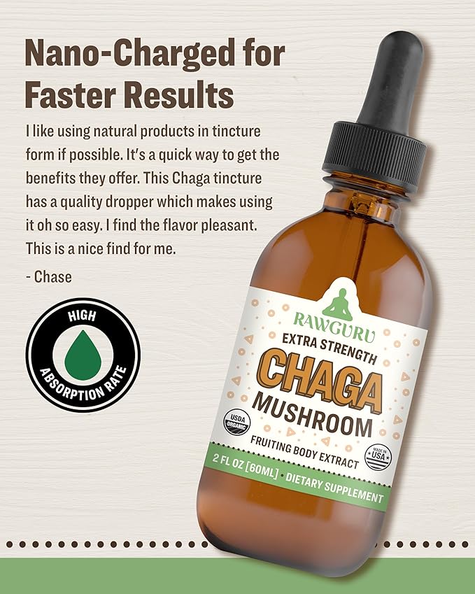 RawGuru Chaga Mushroom Supplement - Vegan Chaga Mushroom Extract with Trace Minerals - Nano-Processed Immunity Boost & Cognitive Supplement Tincture - 60 Servings of Vegan Drops per 60 ml, Pack of 1