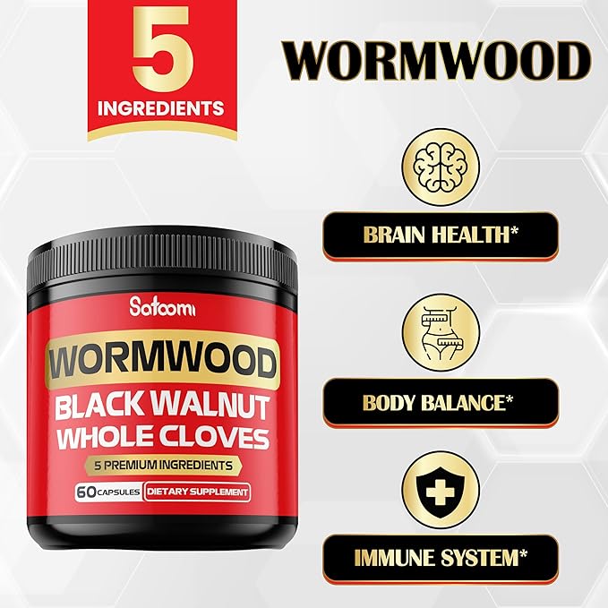 Satoomi 5 in 1 Wormwood Capsules Supplement - Extracted from Black Walnut, Whole Cloves, Turmeric and Berberine HCl - Immune System & Digestion Health - 60 Capsules
